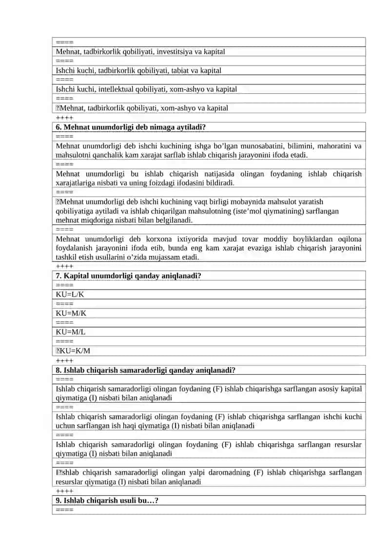 Maktab menejmenti yo’nalishi 1-kurslar uchun iqtisodiyot fanidan test savollari 2