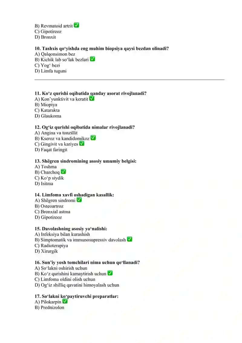 Shёgren sindromi bo‘yicha test savollari 2