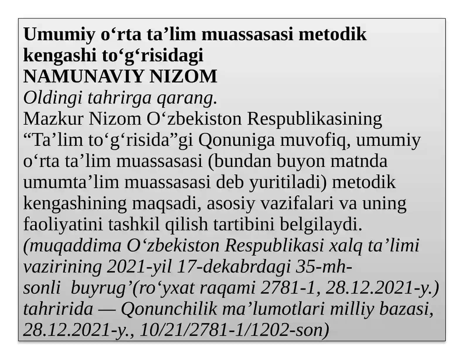 Umumiyoʻrtataʼlim muassasasi metodik kengashi toʻgʻrisida 2