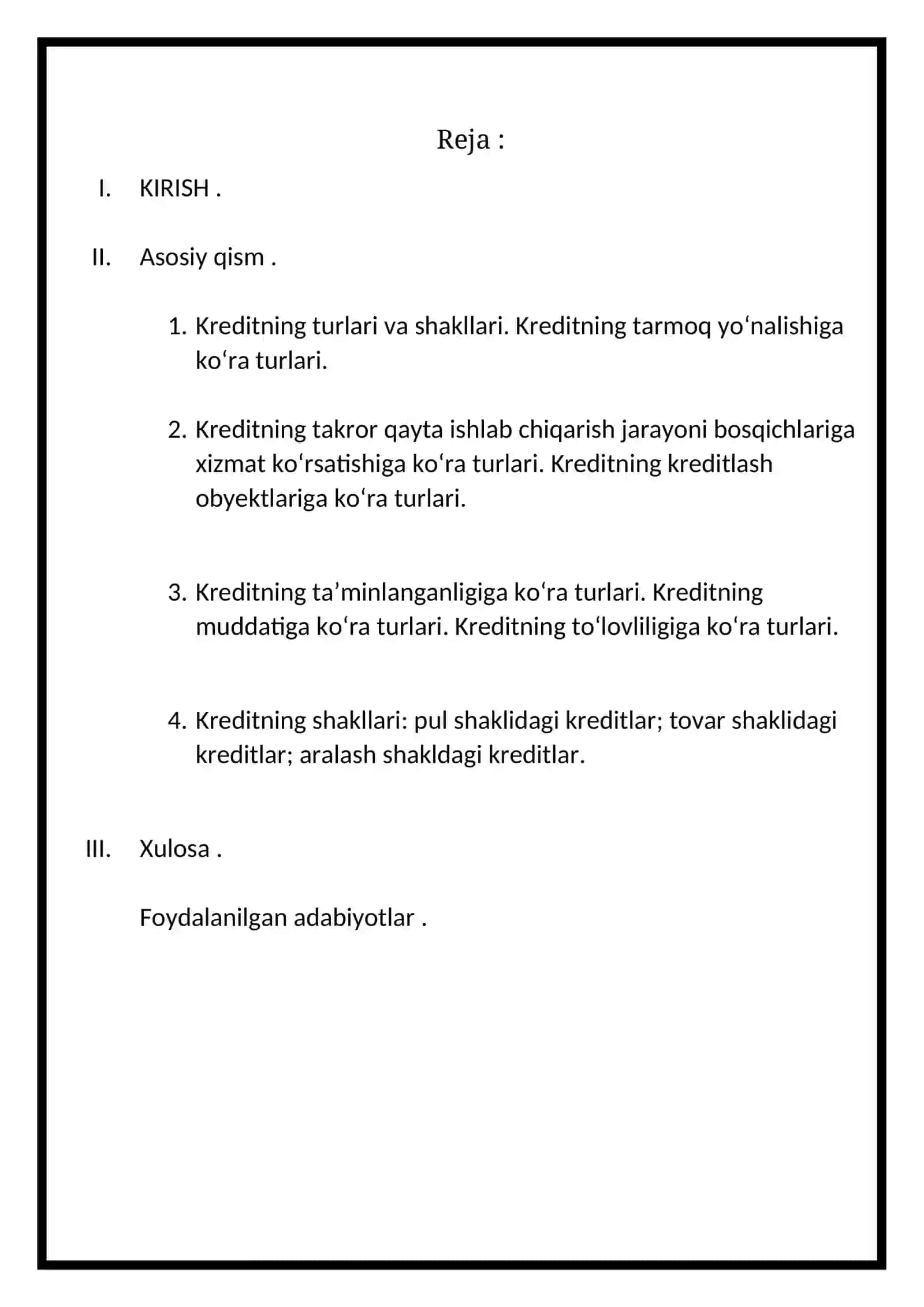 Mavzu: Kredit va uning hozir zamon shakllari 2