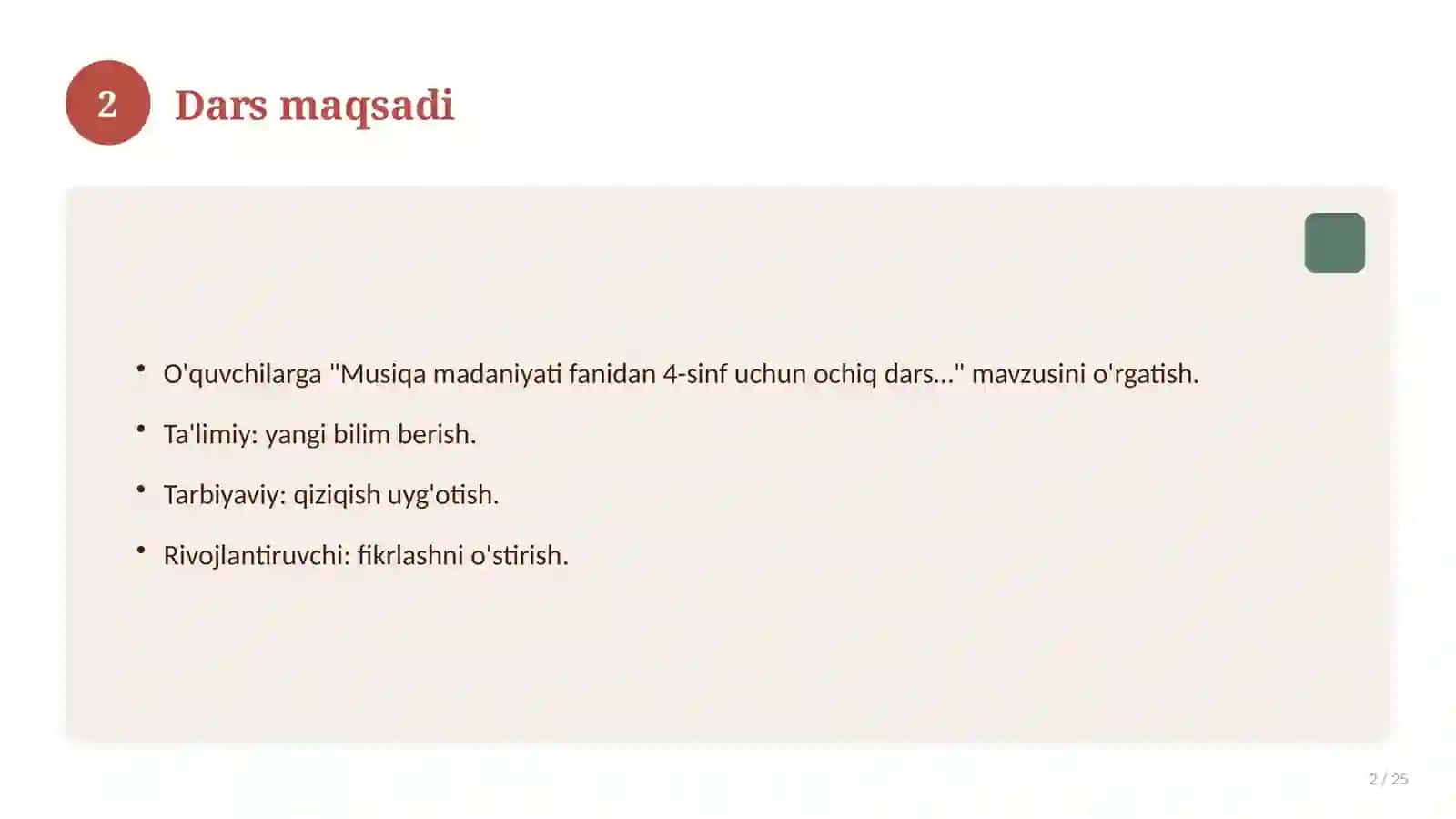 Musiqa madaniyati fanidan 4-sinf uchun ochiq dars ishlanmasi 2