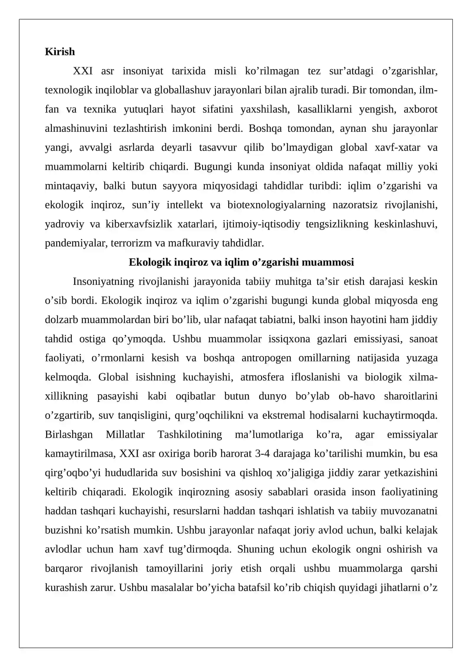 XXI asrda insoniyat oldidagi yangi global xavf va muammolar 2