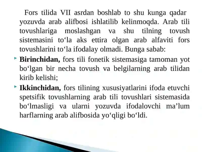 Fors tilida Arab alifbosini ishlatishning sabablari 2