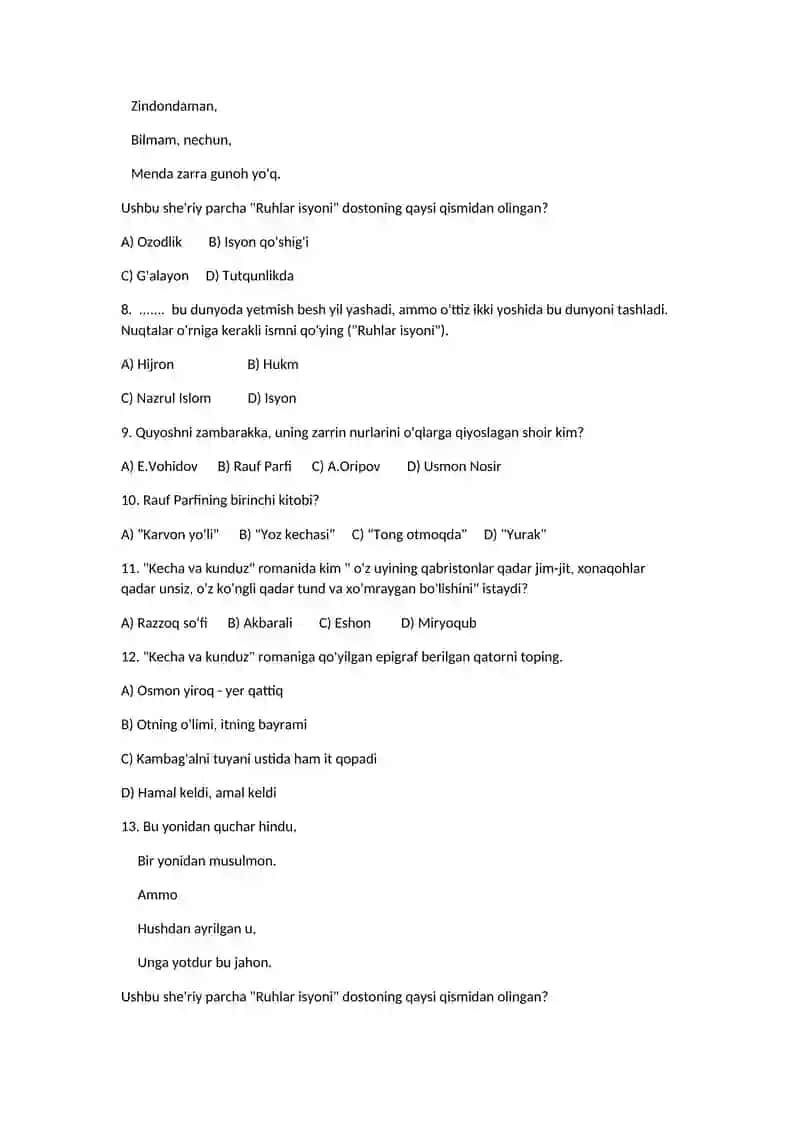 Test 11-sinf adabiyot III chorak 2