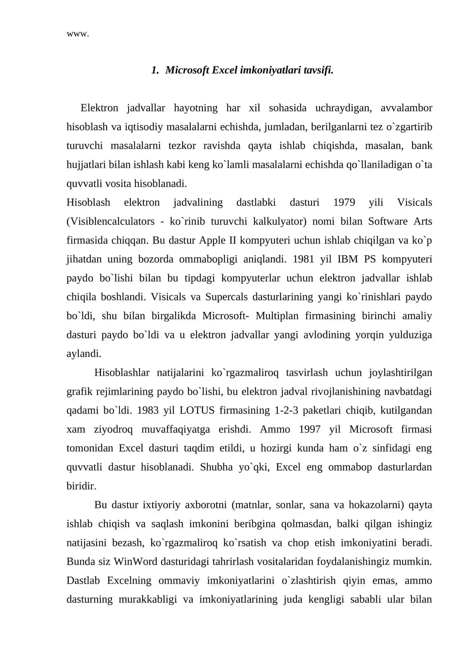 Microsoft Excel imkoniyatlari tavsifi 2