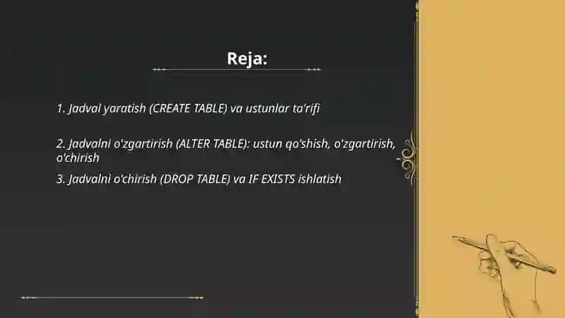 SQL til yordamida obyektlar ustida amallar bajarish 2
