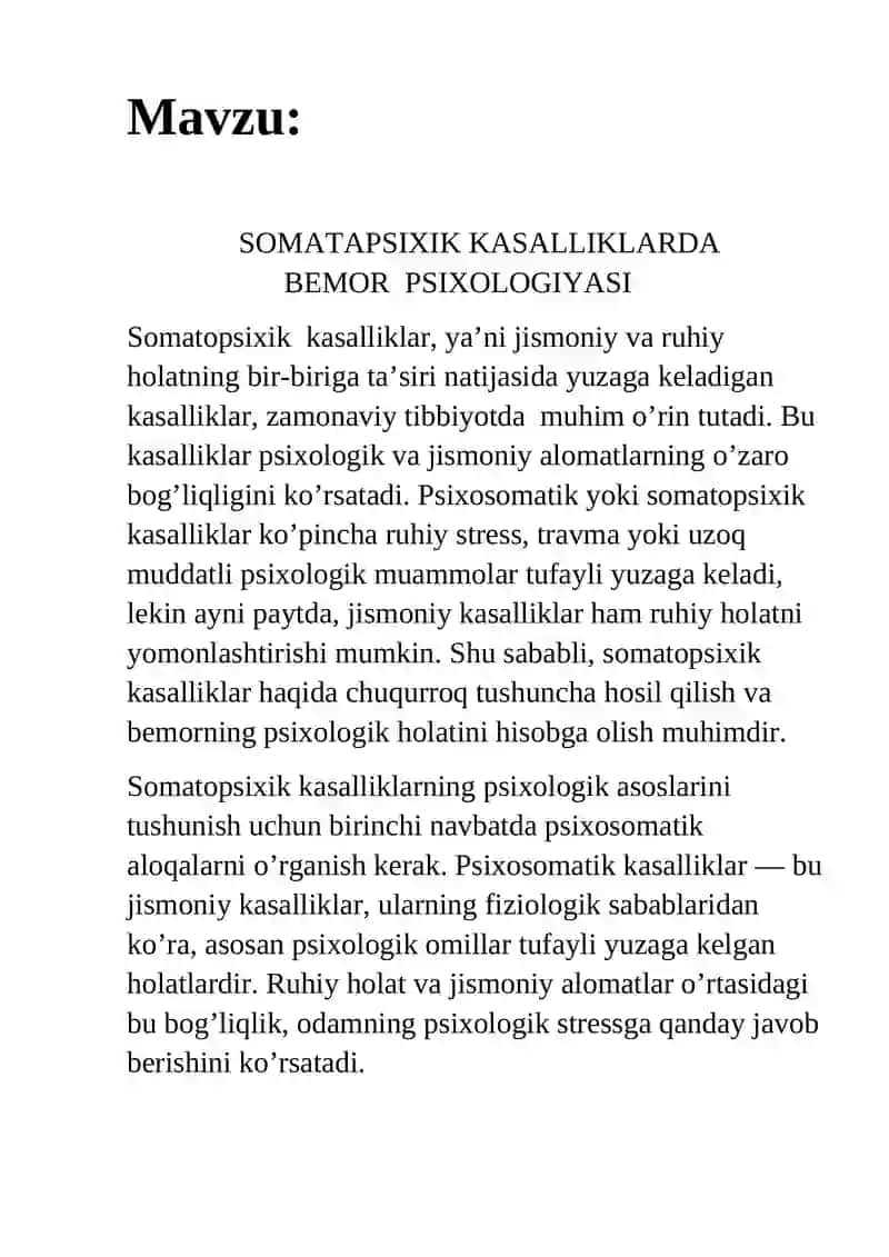 SOMATAPSIXIK KASALLIKLARDA BEMOR PSIXOLOGIYASI 2