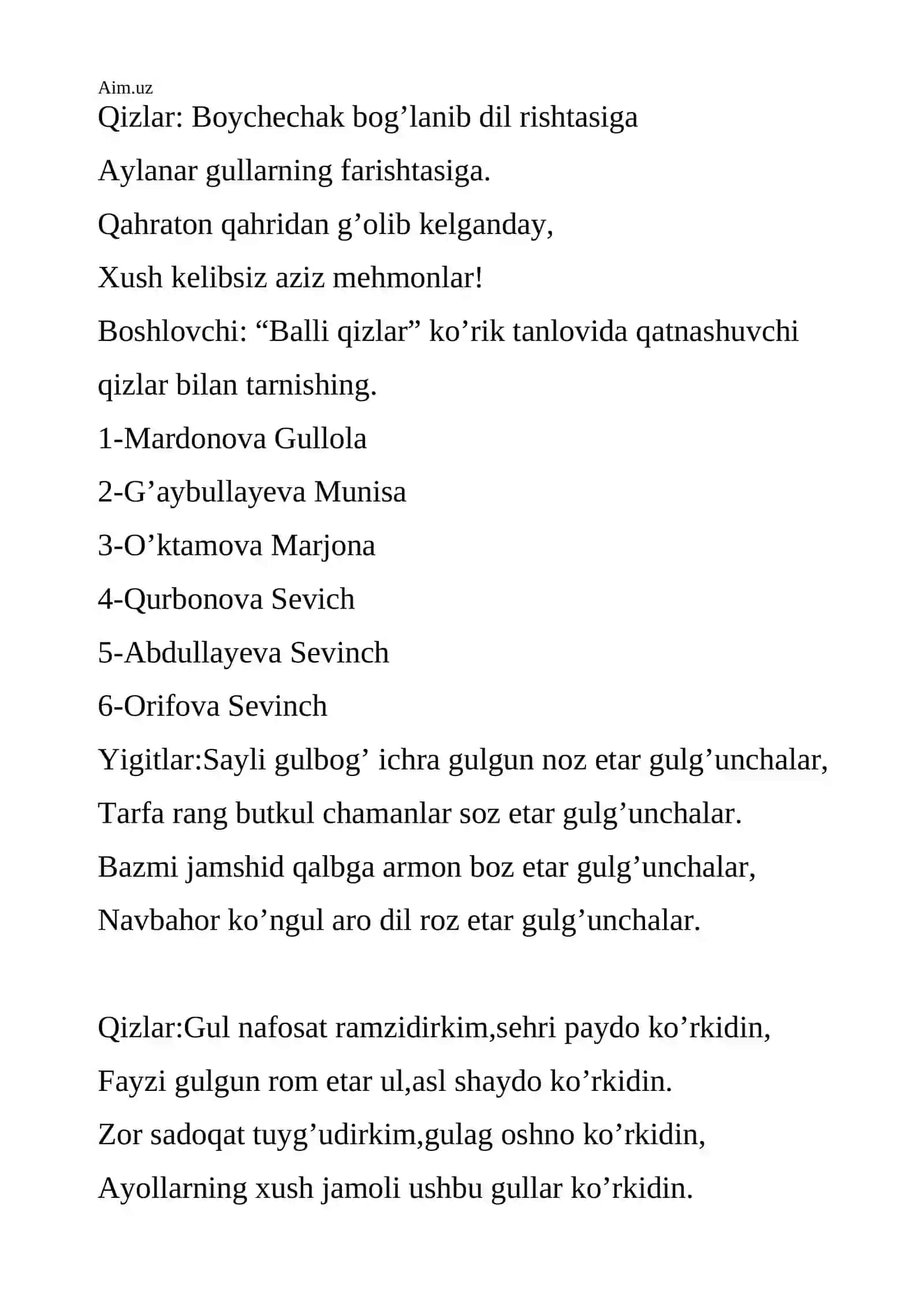 “Onajon sizga ta’zim” (senariy) 2