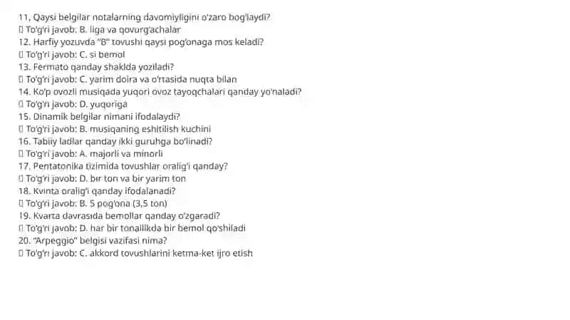 Musiqa nazariyasi va solfedjio – Yakuniy nazorat testlari 2