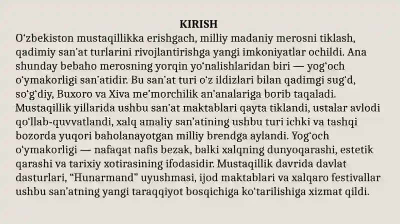 Mustaqillik yillarida yog'och o'ymakorligi san'ati 2