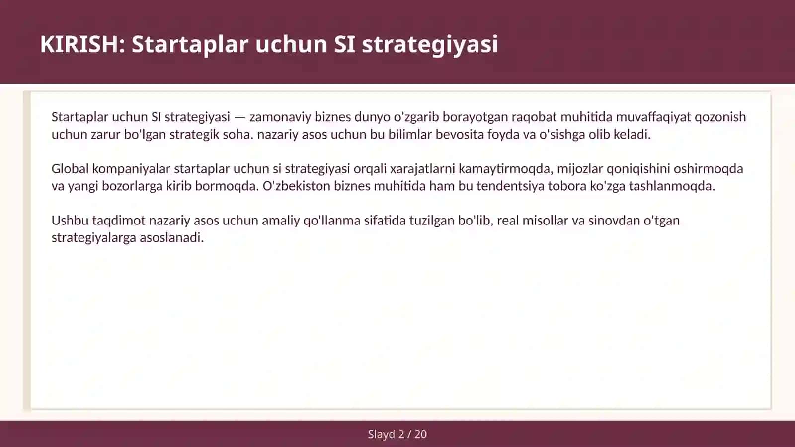 Startaplar uchun SI strategiyasi 2