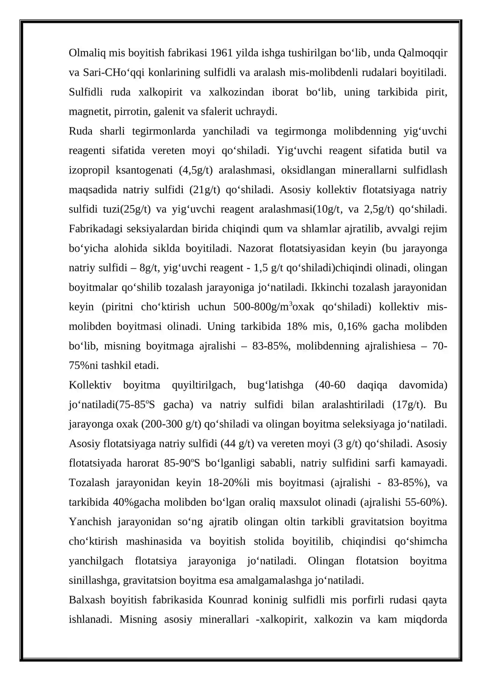 Molibden rudalarini boyitish texnalogiyasi 2