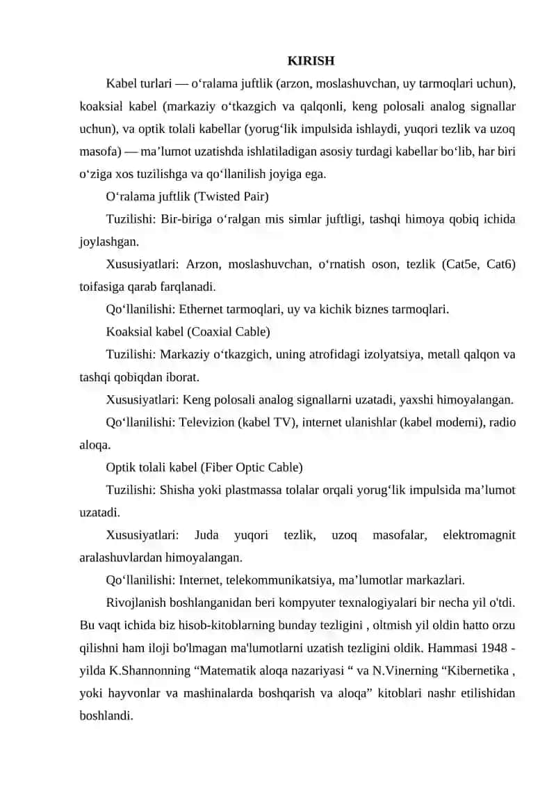 KABELLAR TURLARI (O‘RALAMA JUFTLIK, KOAKSIAL KABEL, OPTIK TOLALI KABEL) 2
