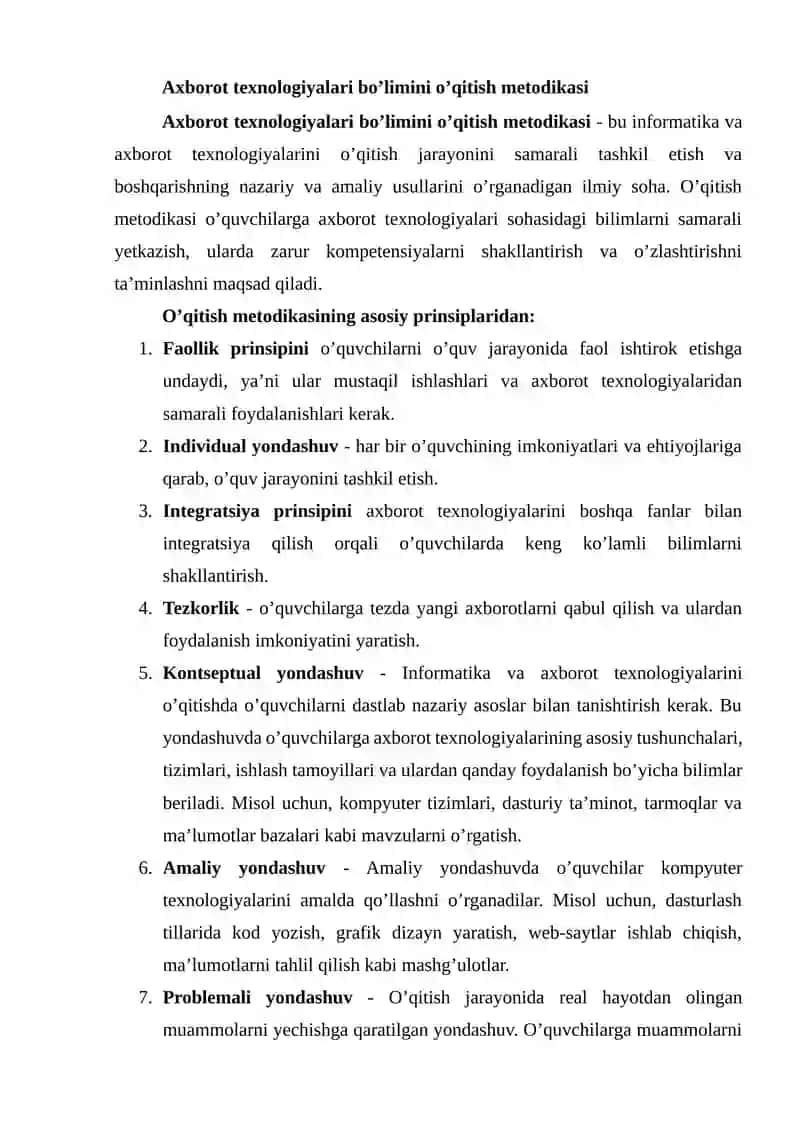 Axborot texnologiyalari bo’limini o’qitish metodikasi 2