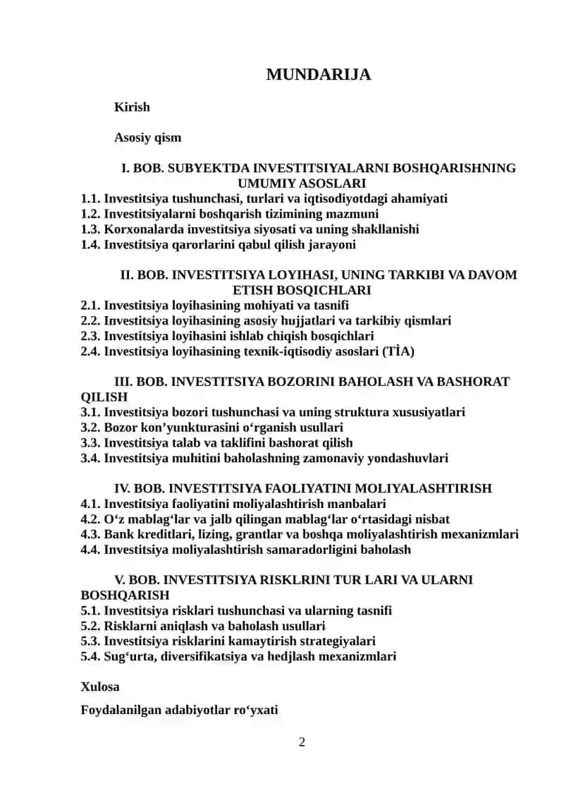 Investitsiyalarni boshqarish 2