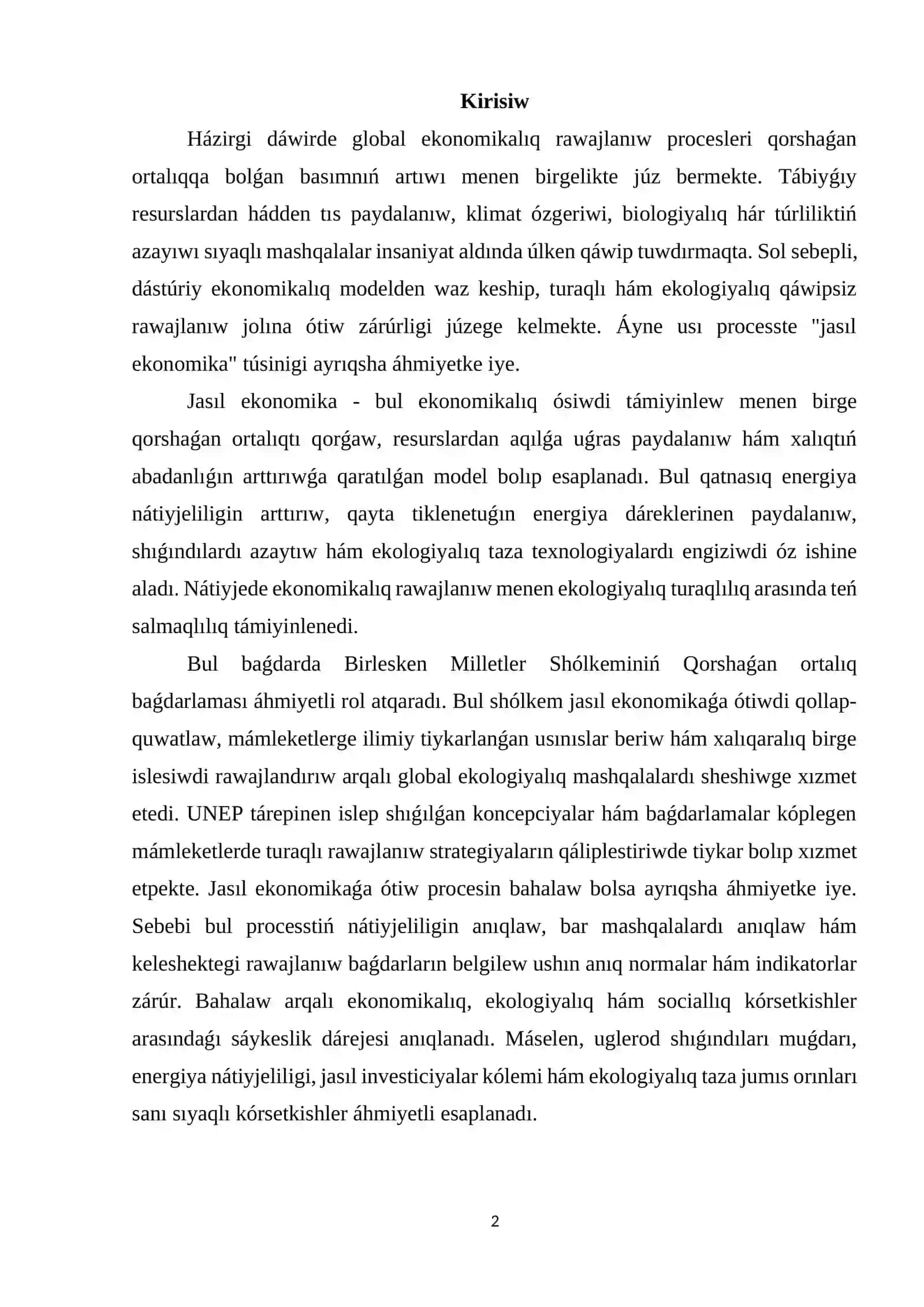UNEP hám "jasıl ekonomika"ģa ótiwdi bahalaw 2