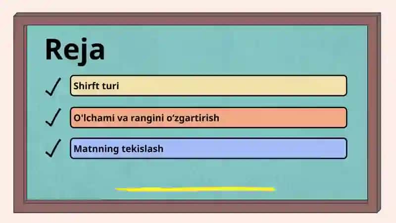 Shrift turi, o‘lchami va rangini o‘zgartrish. Matnni tekislash 2