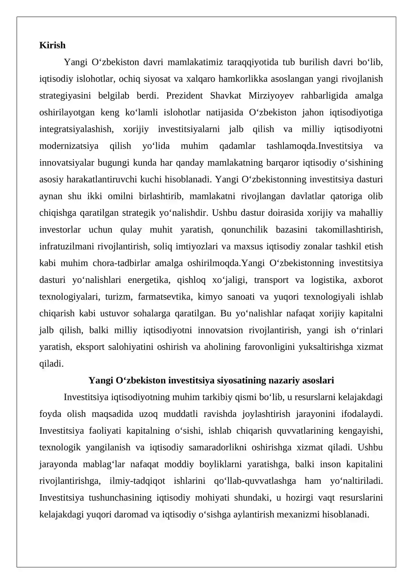 Yangi O’zbekistonning investitsiya dasturi yo’nalishlari 2