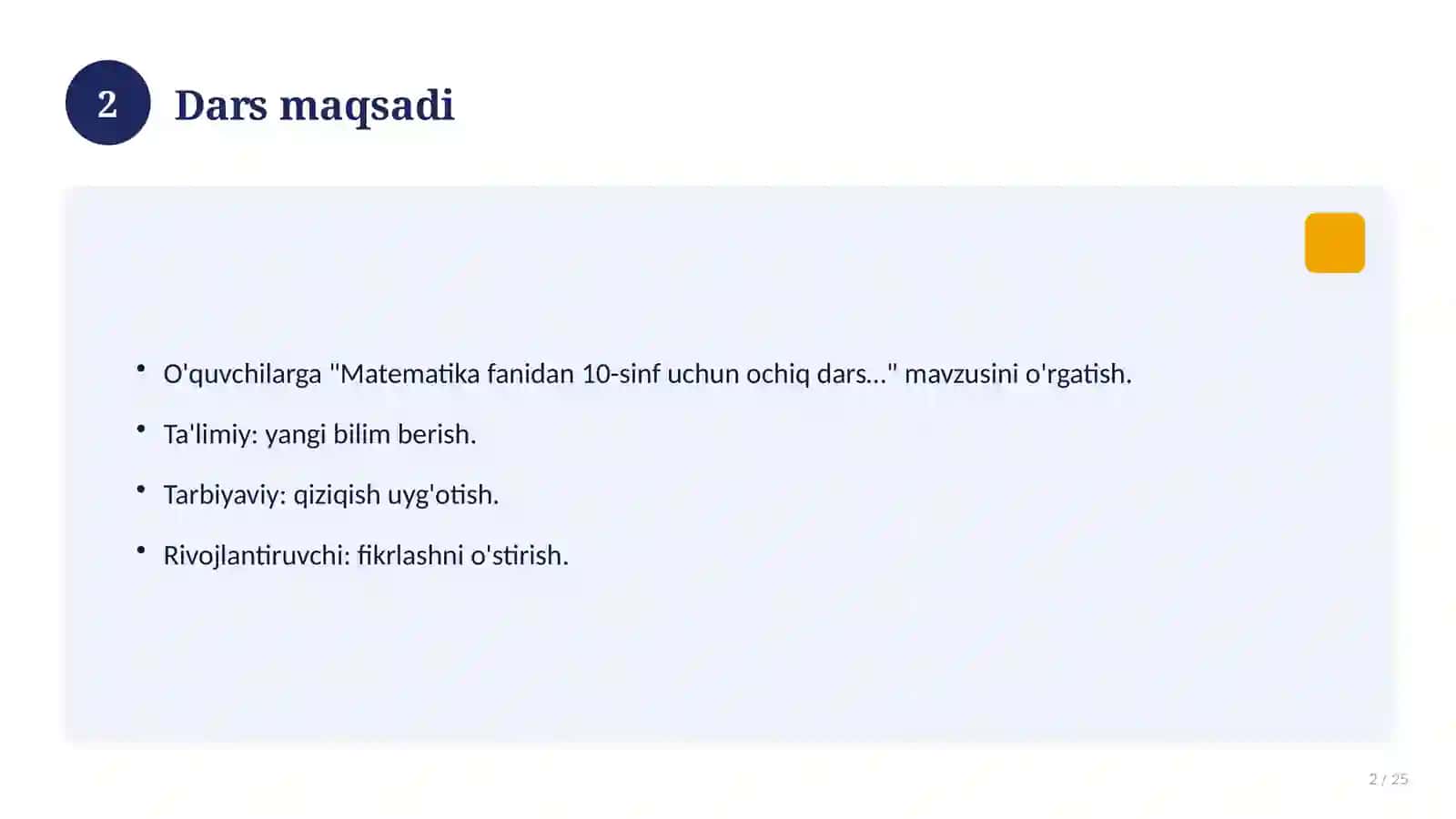 Matematika fanidan 10-sinf uchun ochiq dars ishlanmasi 2