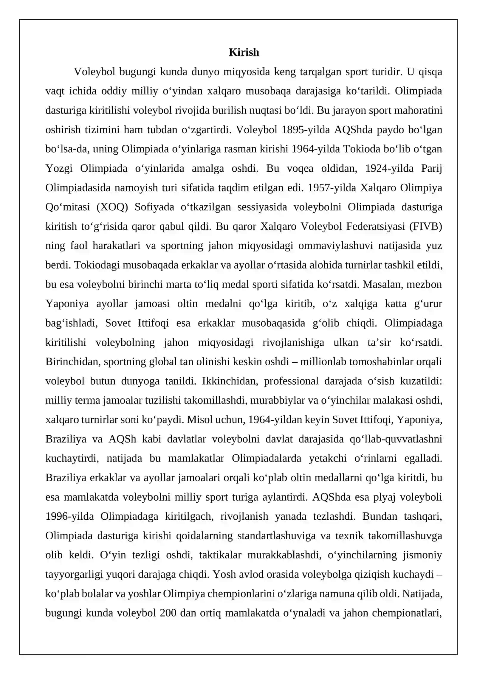 Voleybol sport turini olimpiada o‘yinlariga kirib kelishi 2