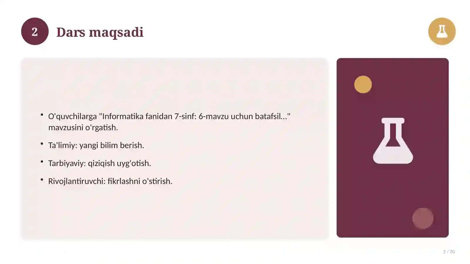 Informatika fanidan 7-sinf: 6-mavzu uchun batafsil dars ishlanmasi 2