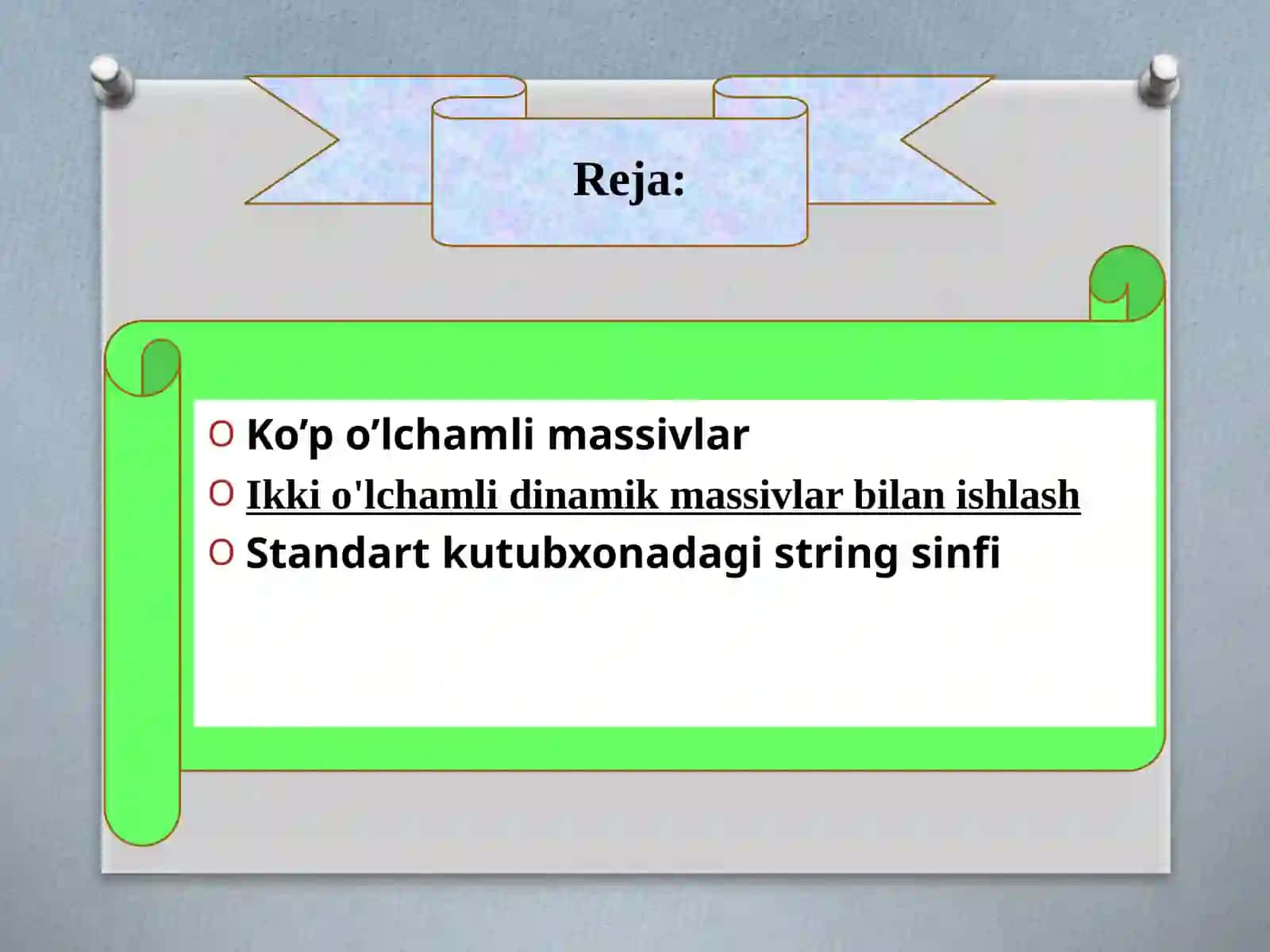 Standartfunksiyalarva operatorlar(shartli operatorlar, tanlash operatorlari, massiv operatorlari, massivlar, tuzilmalar va protseduralar) 2