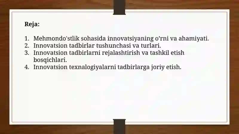 Mehmondo’stlik sohasida innovatsion tadbirlarni tashkil etish 2