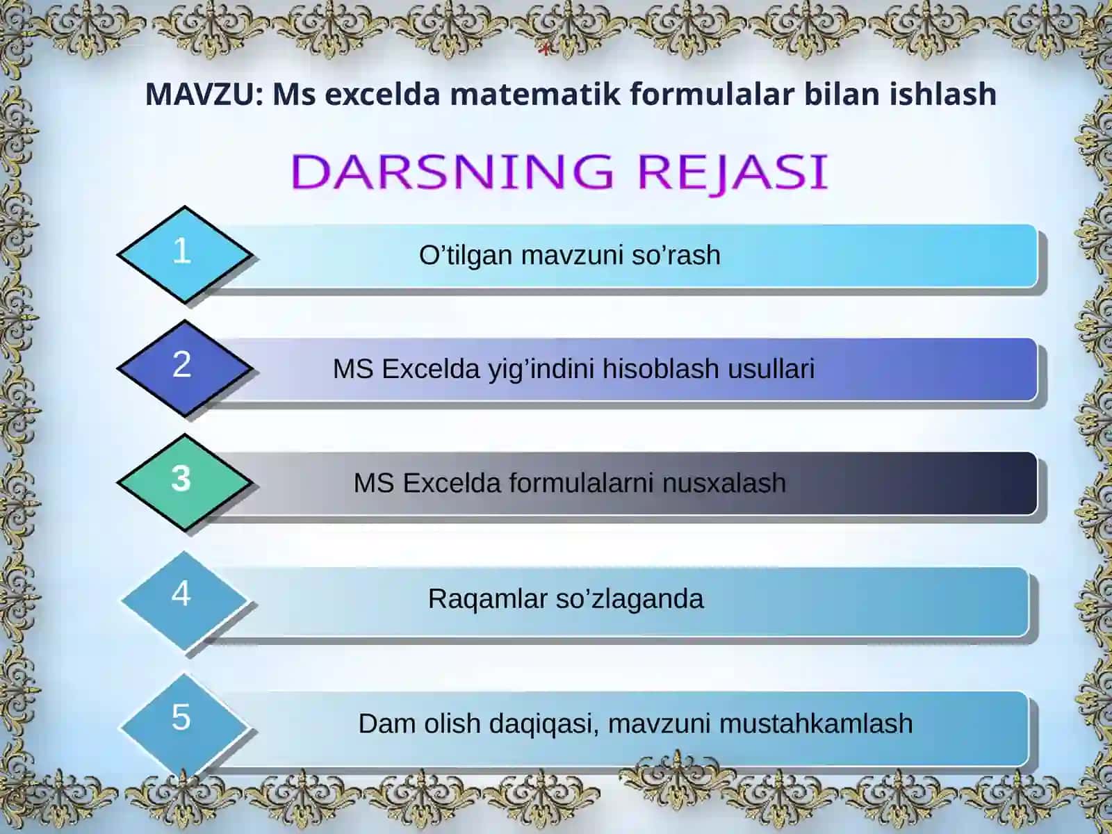 Excelda matematik formulalar bilan ishlash dars ishlanma 2
