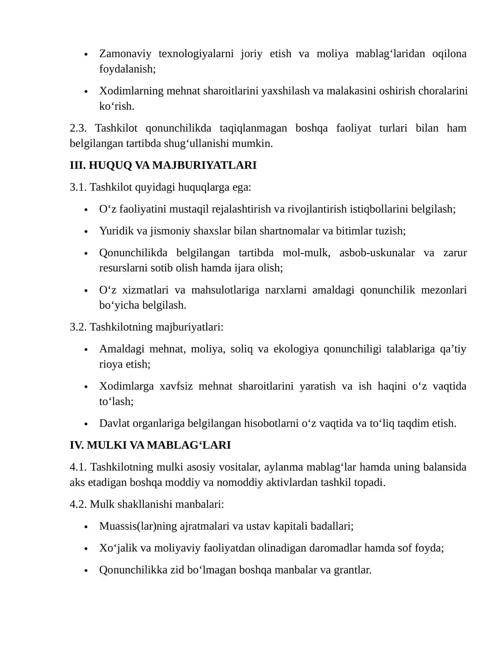 Korxona, tashkilot MCHJ, XKlar uchun ustav 2