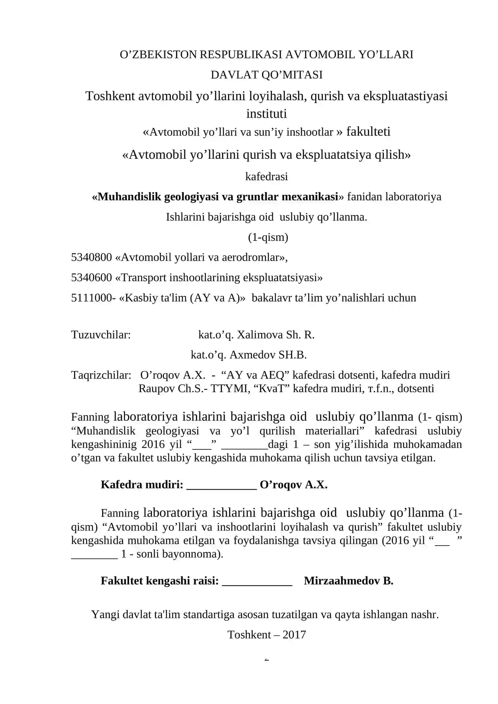 Avtomobil yo’llarini qurish va ekspluatatsiya qilish 2