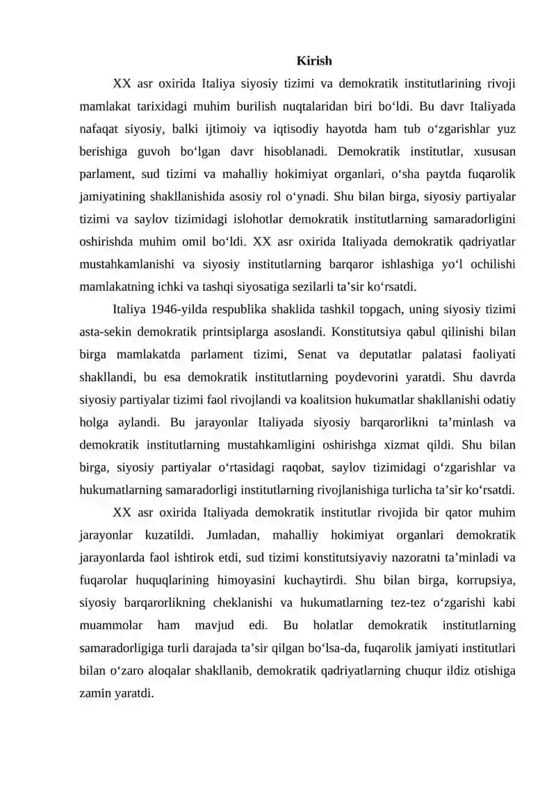 XX asr oxirida Italiyada demokratik institutlar rivoji 2