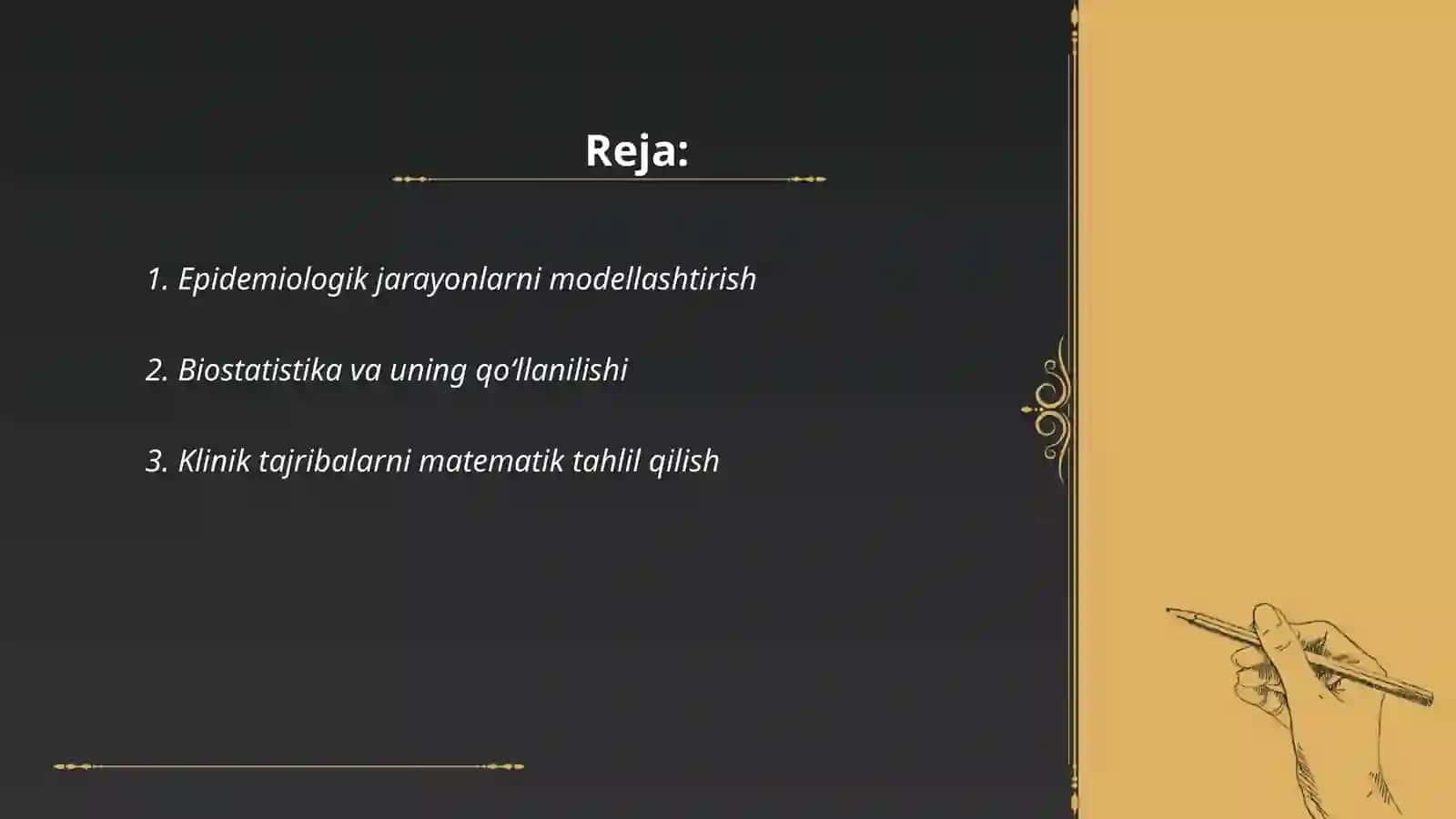 Tibbiyotda matematik modellashtirish uslublarini o‘rganish. Fizik va matematik modellashtirish, olingan natijalar asosida prognoz qilish 2