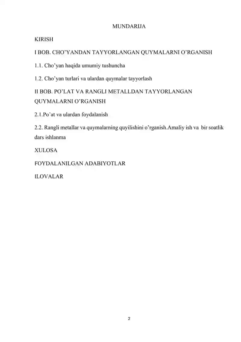 Cho’yan, po’lat va rangli metalldan tayyorlangan quymalarni o’rganish 2