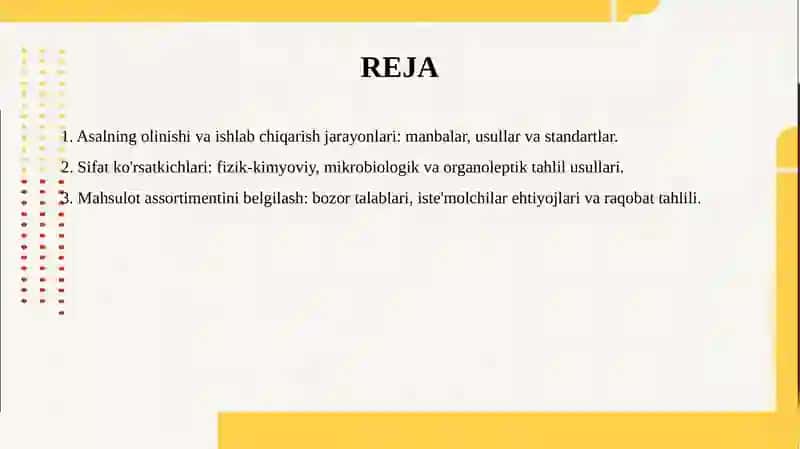 Asalning olinishi assortmenti va sifat kõrsatkichlarini aniqlash 2