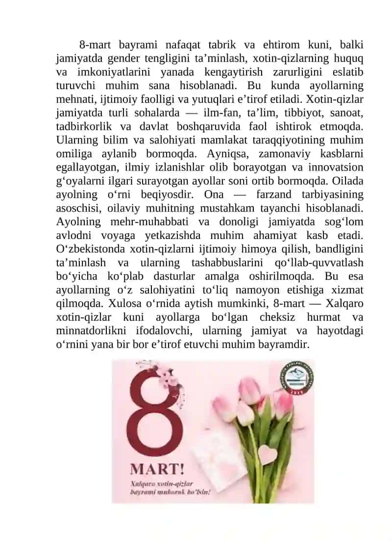 8-mart Xalqaro xotin-qizlar kuni. 2
