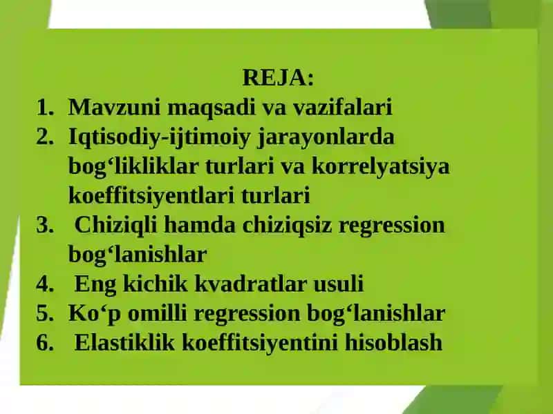 JUFT VAKО‘P OMILLI KORRELYATSION - REGRESSION TAXLIL 2