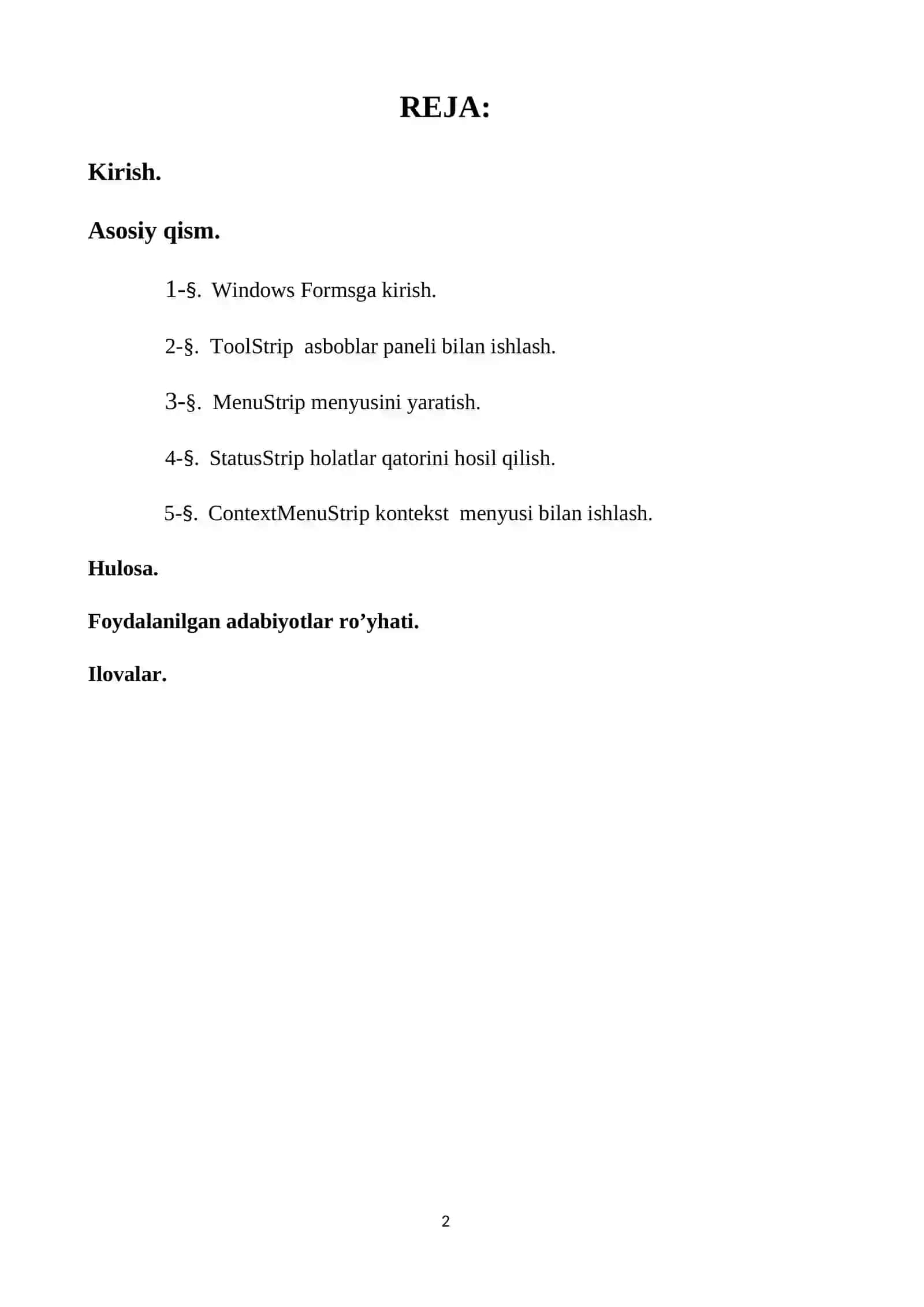 "Algoritmik tillar va dasturlash"fanidan "Windows Formsda menyu va asboblar paneli bilan ishlash" 2