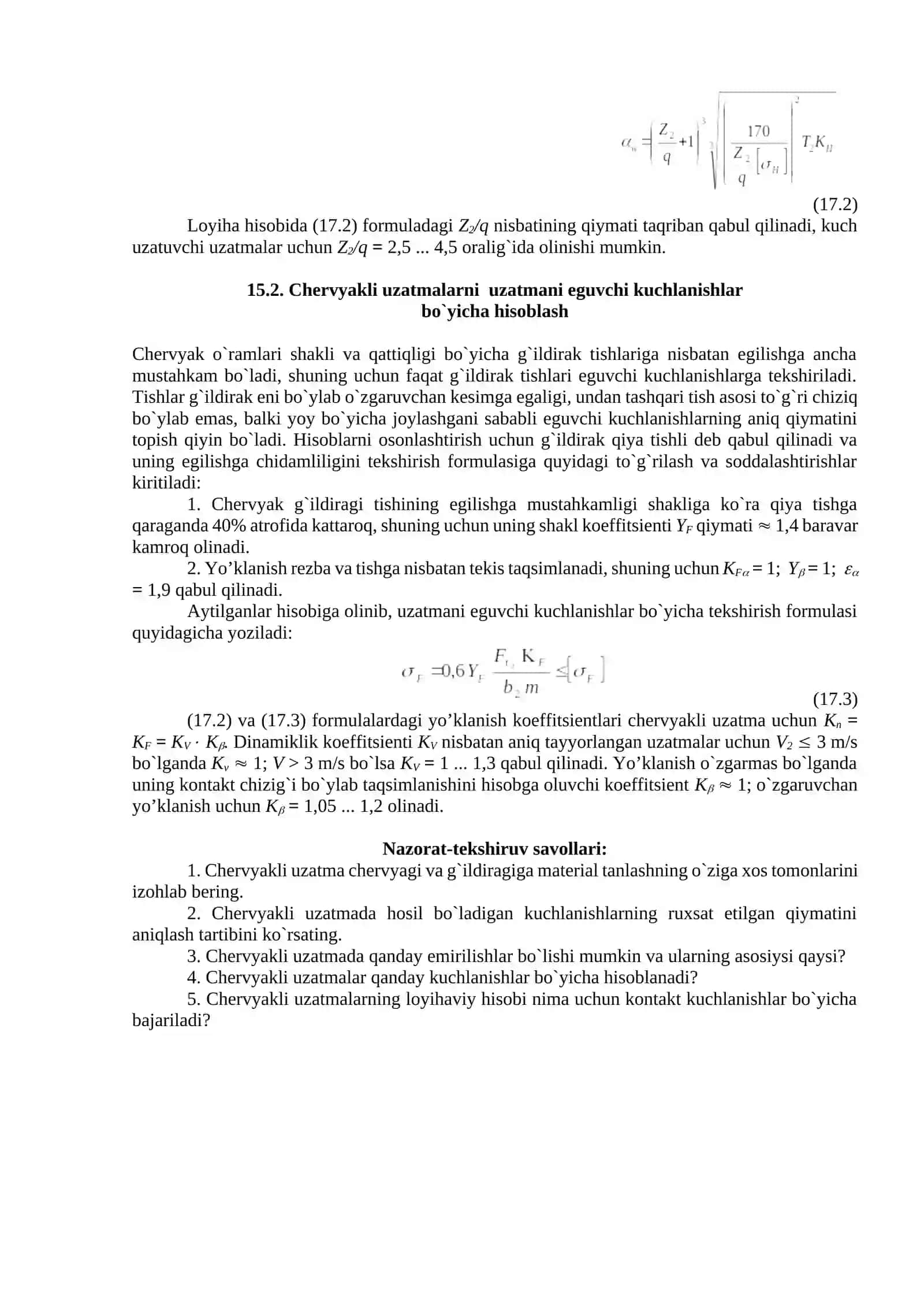 Chervyakli uzatmalarni mustaxkamlikka hisoblash 2