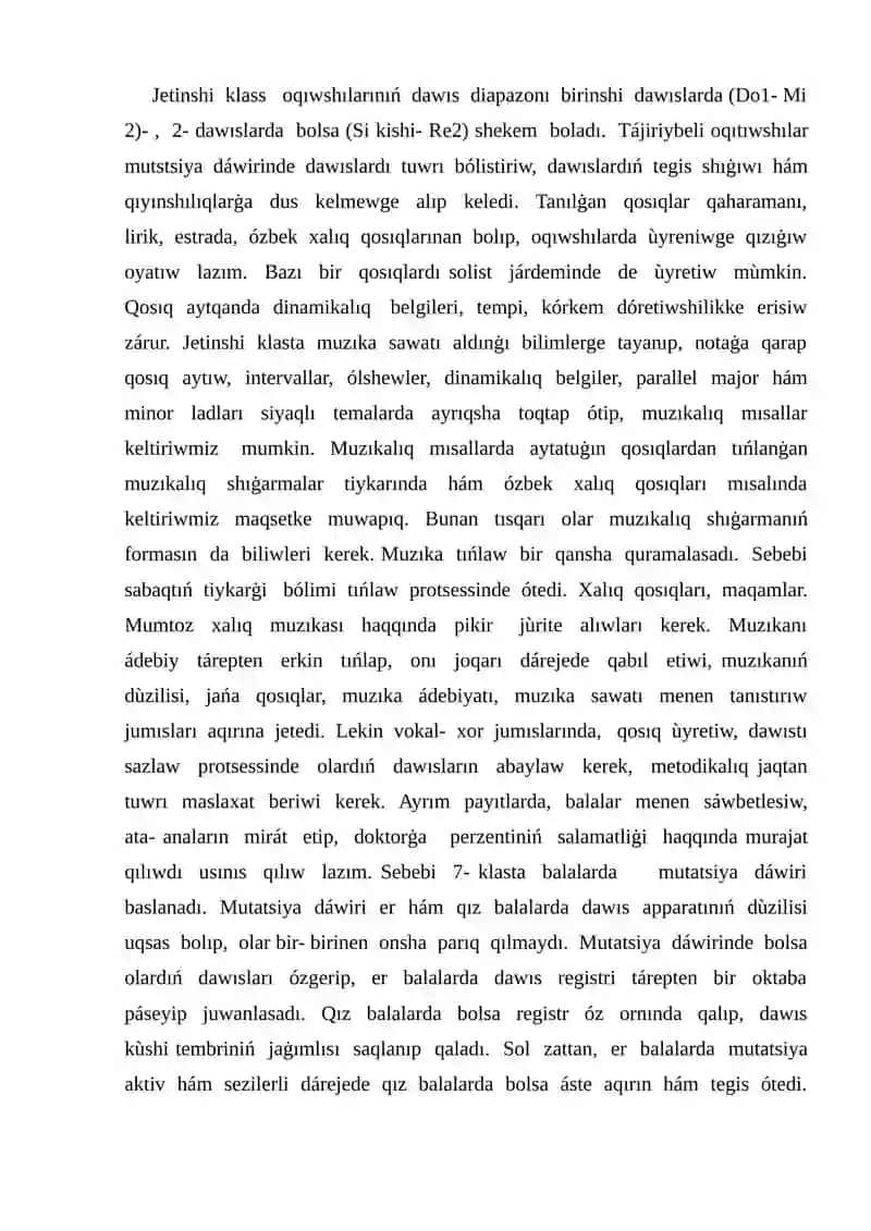 Jetinshi klasta muzıka oqıtıw mazmunı metodikası hám metodikası 2