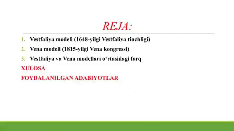 VESTFALIYA VA VENA MODELI DOIRASIDA XALQARO MUNOSABATLAR TIZIMI 2