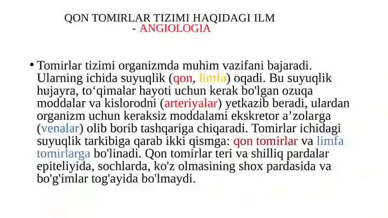 Qontomirlar tizimi haqidagi ilm-angiologiya 2