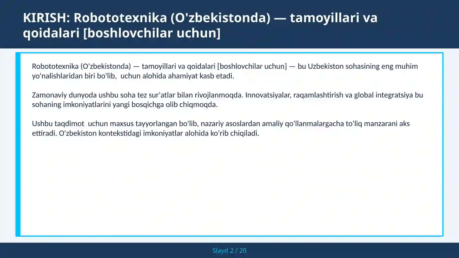 Robototexnika (O'zbekistonda) — tamoyillari va qoidalari [boshlovchilar uchun] 2