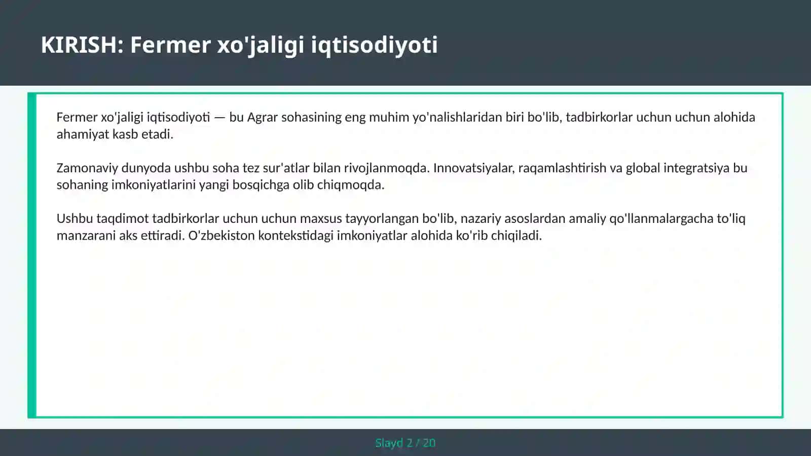 Fermer xo'jaligi iqtisodiyoti 2