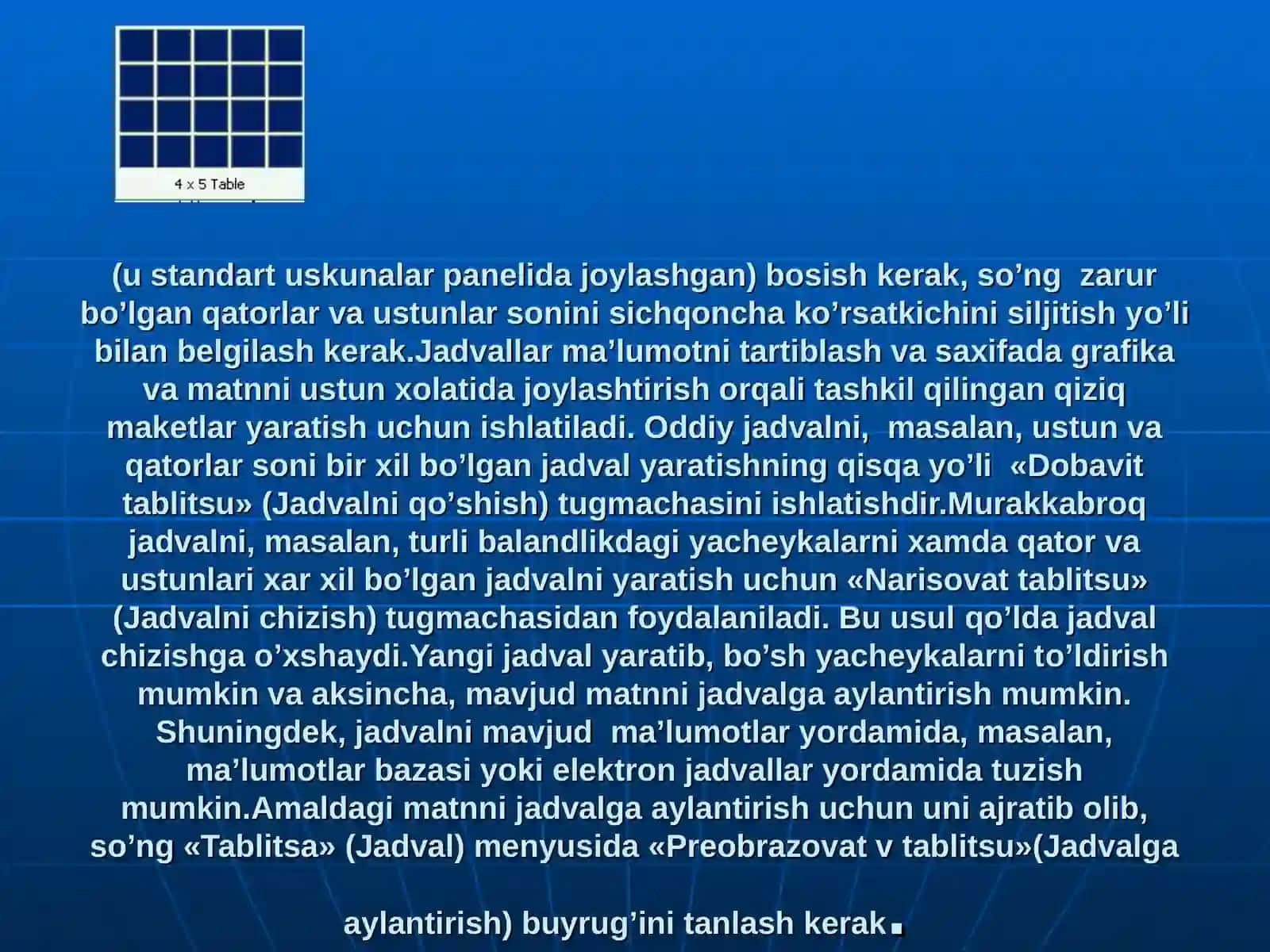 Jadval (tablitsa)lar yaratish va uning ustida amallar bajarish 2