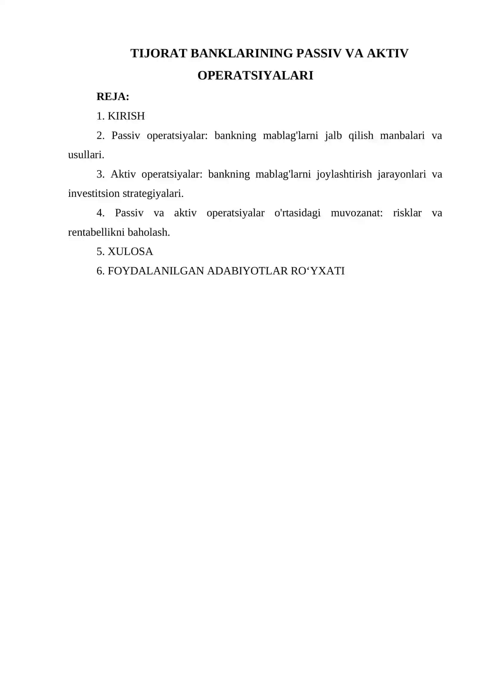 TIJORAT BANKLARINING PASSIV VA AKTIV OPERATSIYALARI 2