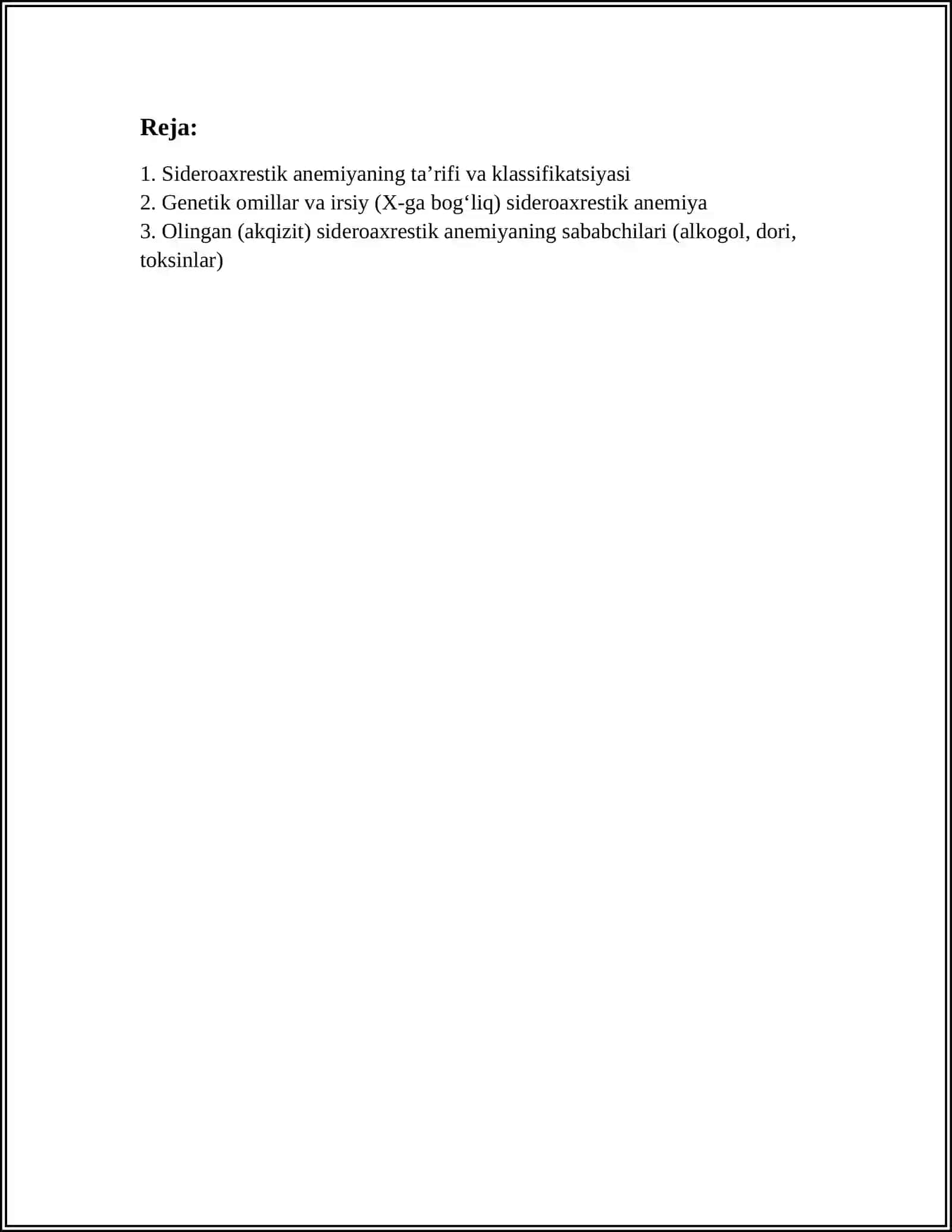 SIDEROAXRESTIK ANEMIYA ETIOLOGIYASI PATOGENEZ KLINIKA DIAGNOSTIKA DAVOLASH PRINSIPLARI 2