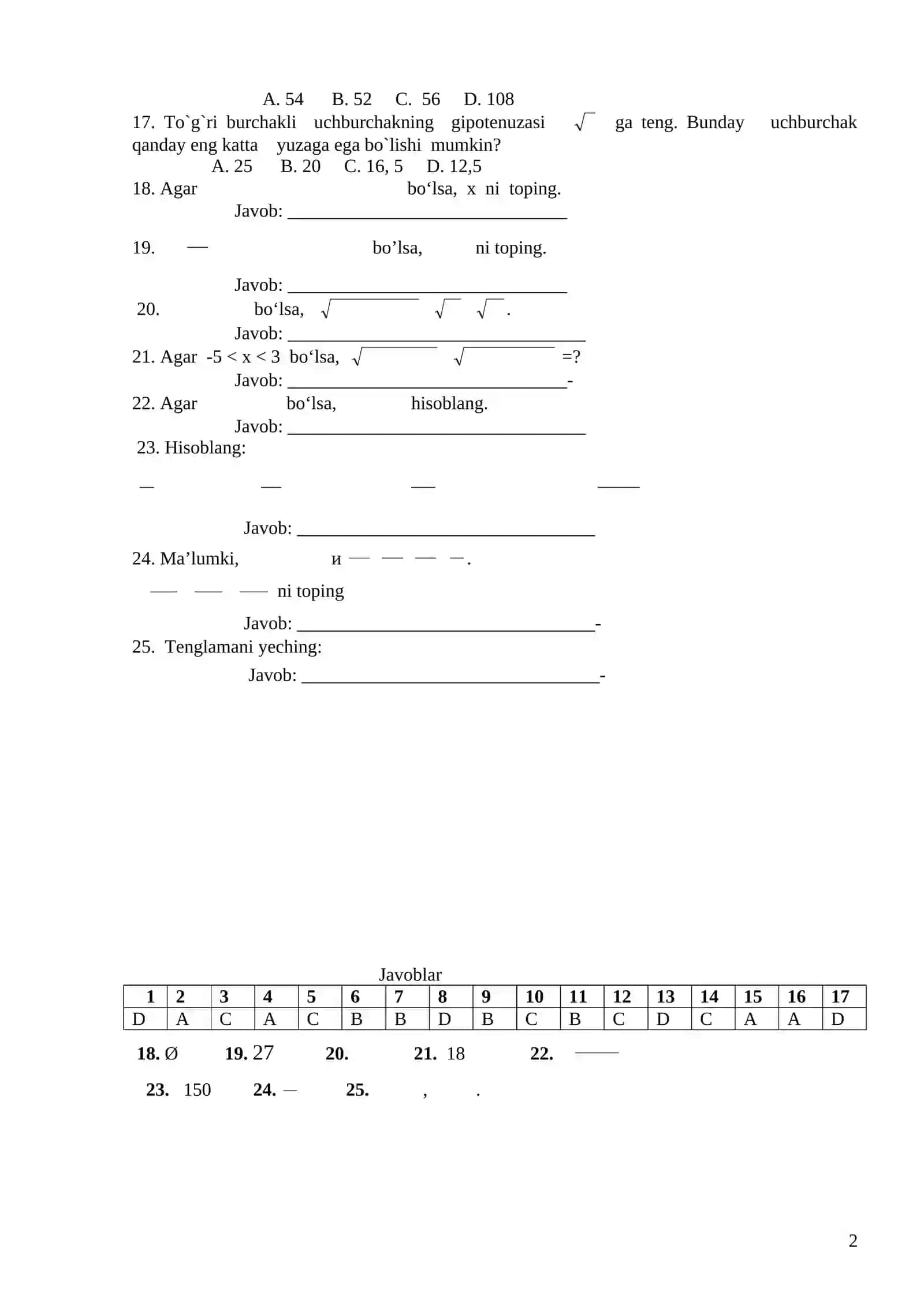 11-sinflar uchun Matematika fanidan qiyin test 2