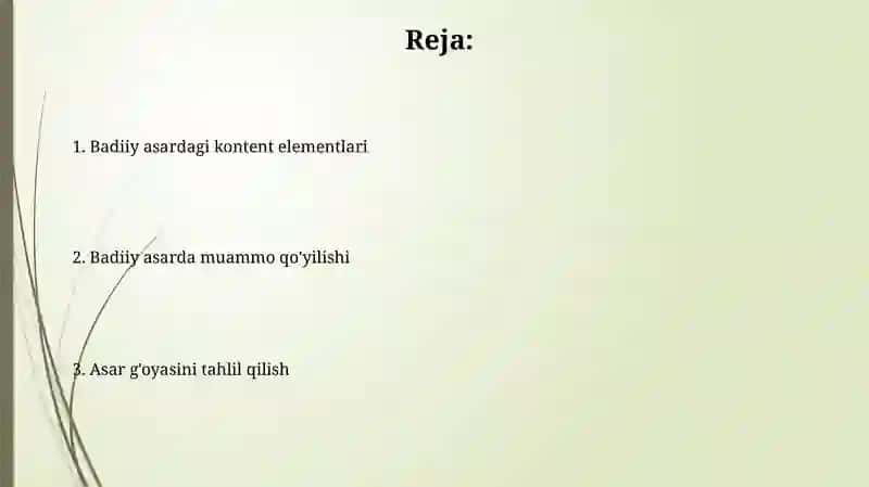 Badiiy asar mazmunining elementlari: Kirish 2
