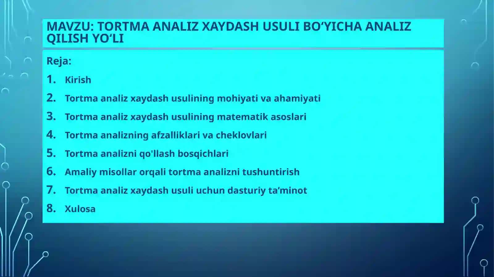 Tortma analiz xaydash usuli bo‘yicha analiz qilish yo‘li 2