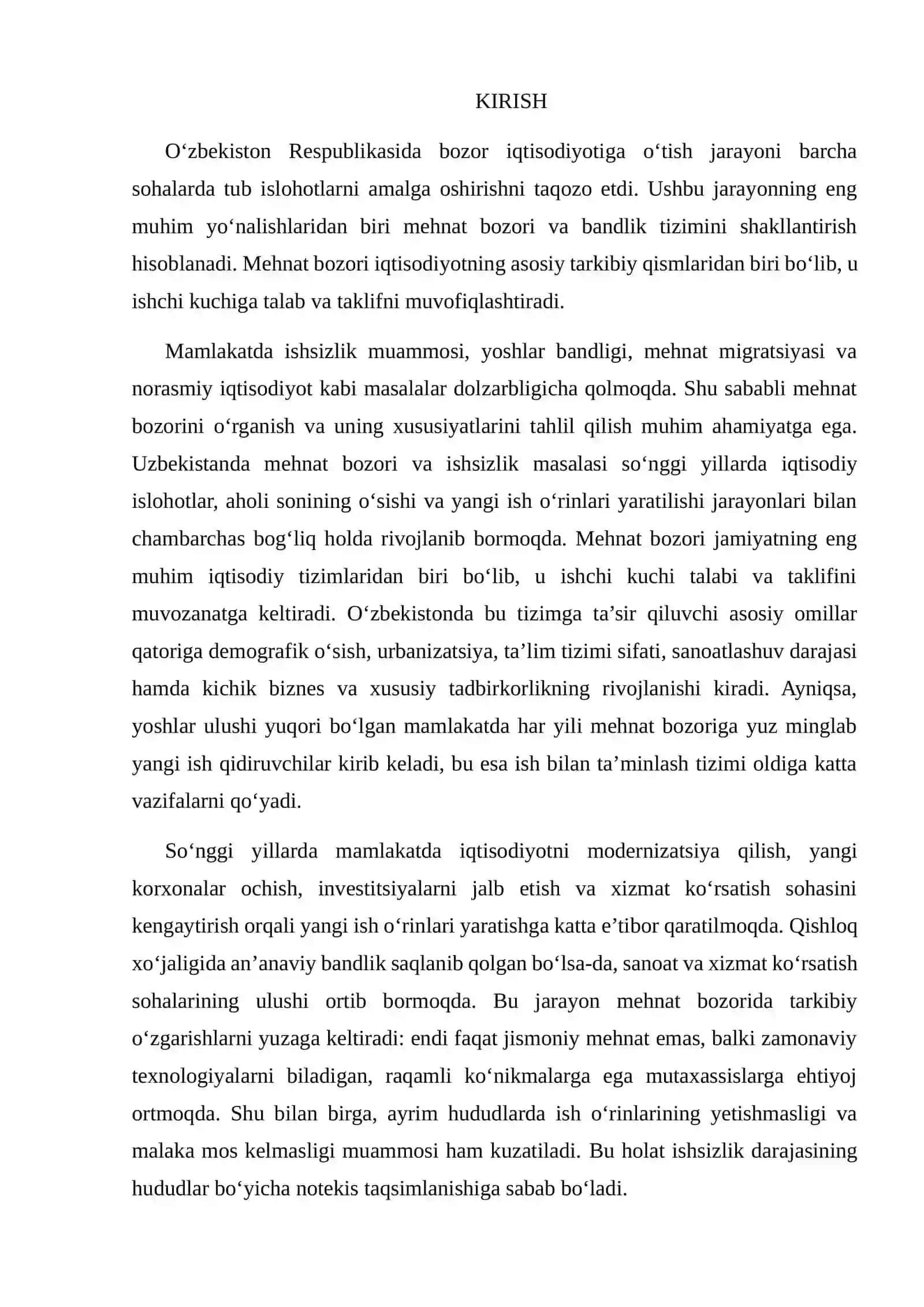 O‘ZBEKISTON RESPUBLIKASIDA MEHNAT BOZORINING SHAKLLANISHI VA ISHSIZLIKNING O‘ZIGA XOS XUSUSIYATLARI 2